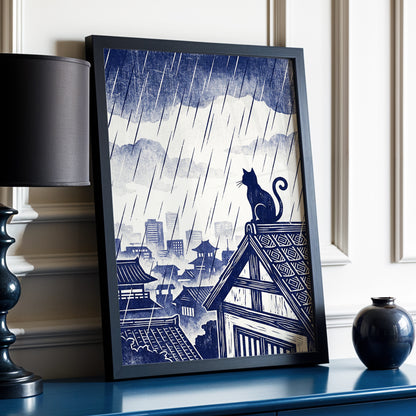 Rainwatch Rooftops, blue, beige, gray minimalist wall art displayed in a styled interior, gallery view 2