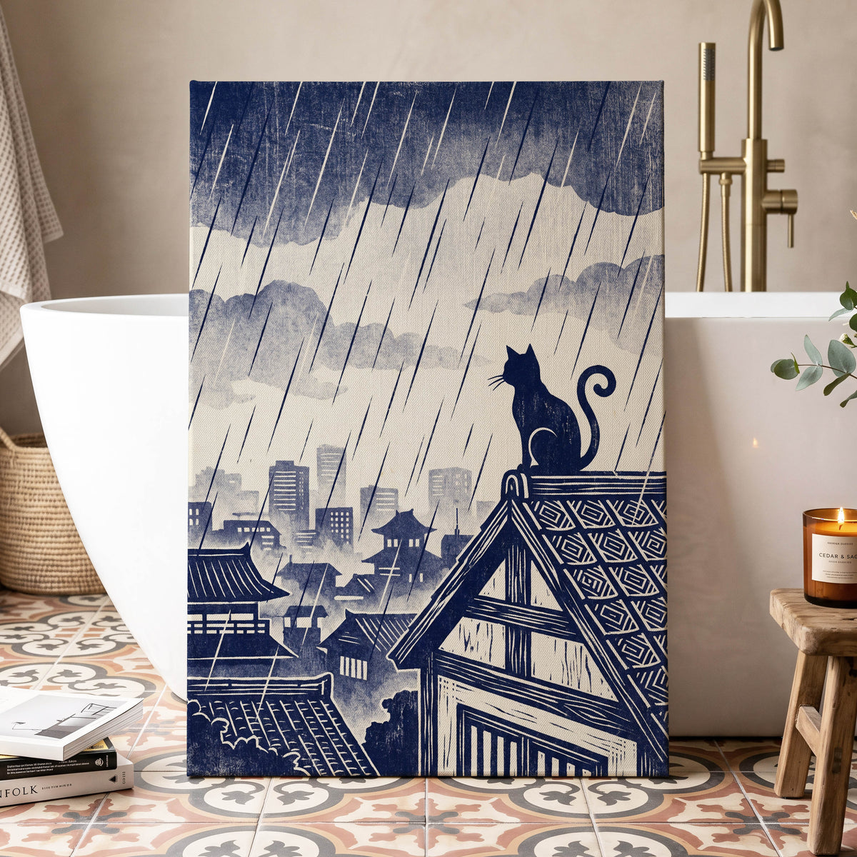 Rainwatch Rooftops, blue, beige, gray minimalist wall art displayed in a styled interior, gallery view 3
