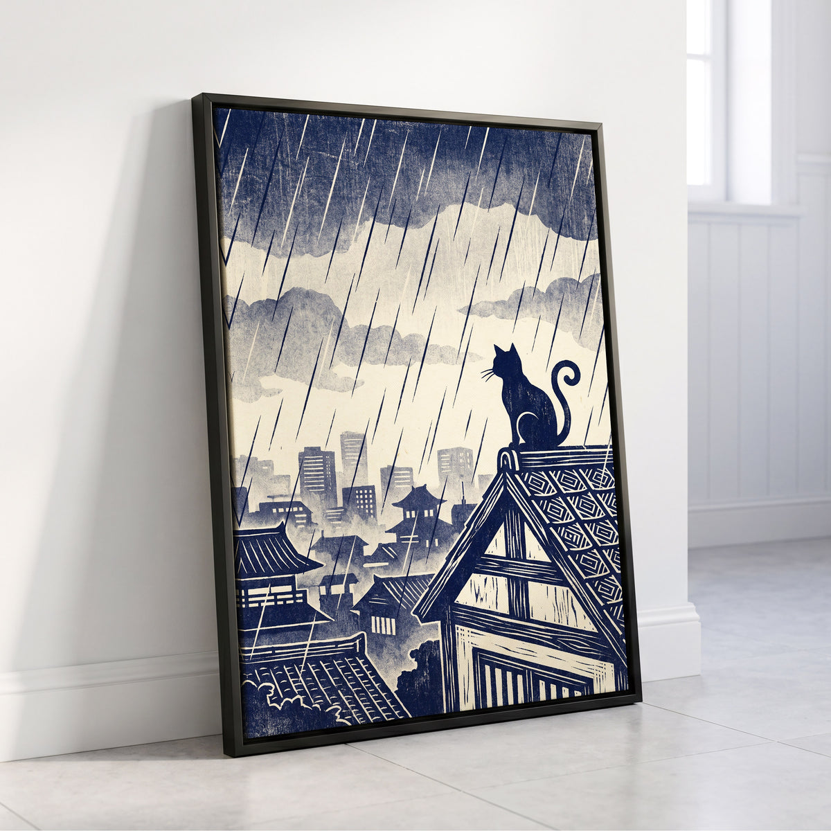 Rainwatch Rooftops, blue, beige, gray minimalist wall art displayed in a styled interior, gallery view 4