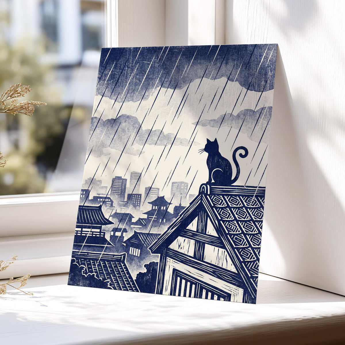 Rainwatch Rooftops, blue, beige, gray minimalist wall art displayed in a styled interior, gallery view 5