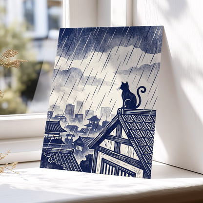 Rainwatch Rooftops, blue, beige, gray minimalist wall art displayed in a styled interior, gallery view 5