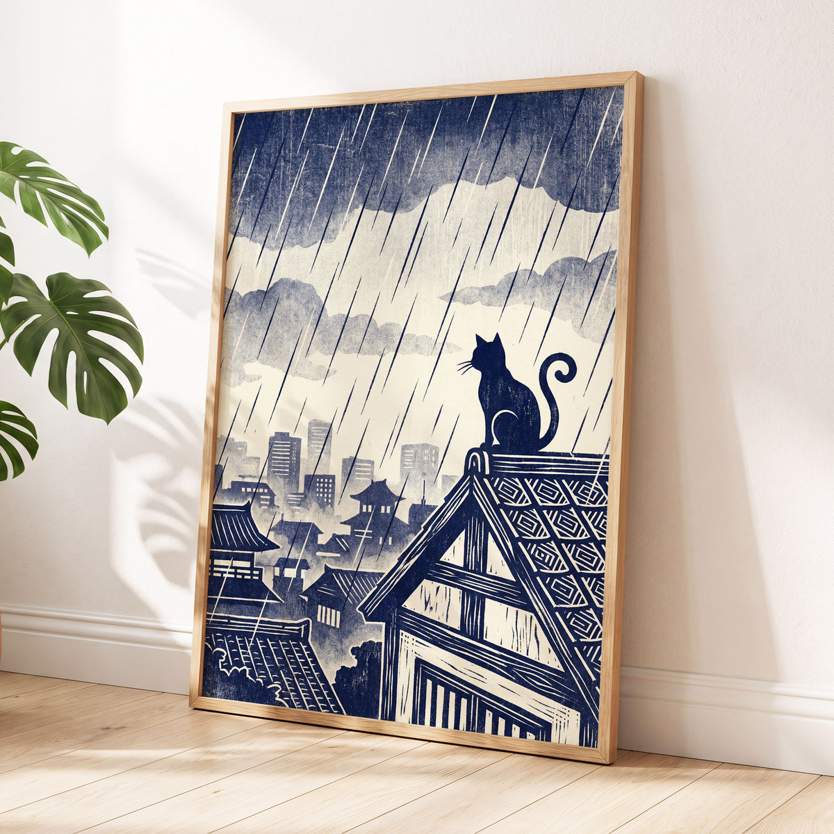 Rainwatch Rooftops, blue, beige, gray minimalist wall art displayed in a styled interior, gallery view 6