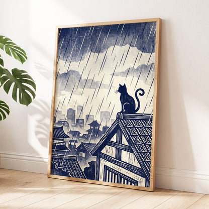 Rainwatch Rooftops, blue, beige, gray minimalist wall art displayed in a styled interior, gallery view 6