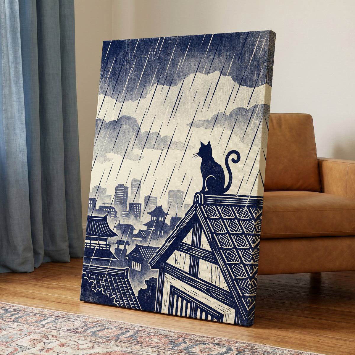 Rainwatch Rooftops, blue, beige, gray minimalist wall art displayed in a styled interior, gallery view 7