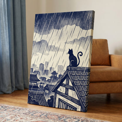 Rainwatch Rooftops, blue, beige, gray minimalist wall art displayed in a styled interior, gallery view 7