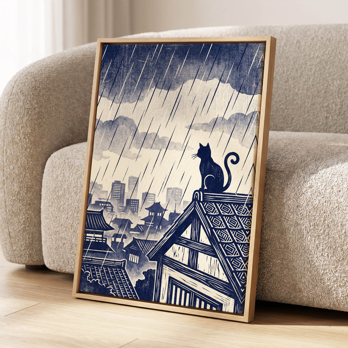 Rainwatch Rooftops, blue, beige, gray minimalist wall art displayed in a styled interior, gallery view 8