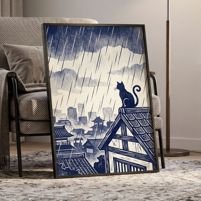 Rainwatch Rooftops, blue, beige, gray minimalist wall art displayed in a styled interior, gallery view 9