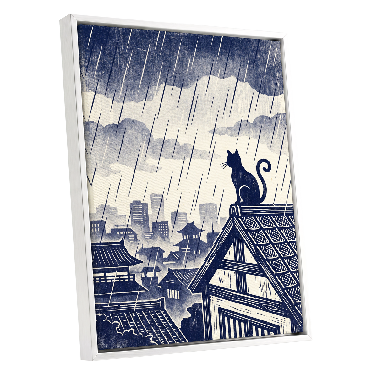 Rainwatch Rooftops, blue, beige, gray minimalist wall art shown as a white framed canvas wall art