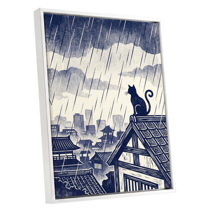 Rainwatch Rooftops, blue, beige, gray minimalist wall art shown as a white framed canvas wall art