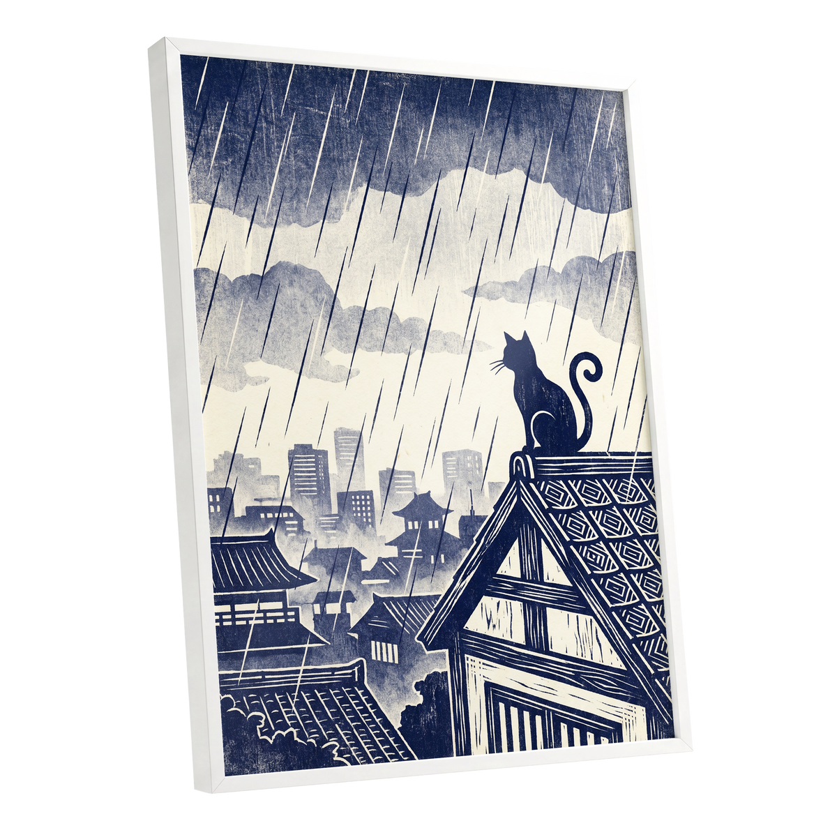 Rainwatch Rooftops, blue, beige, gray minimalist wall art shown as a white framed poster wall art print