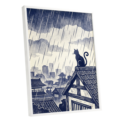 Rainwatch Rooftops, blue, beige, gray minimalist wall art shown as a white framed poster wall art print