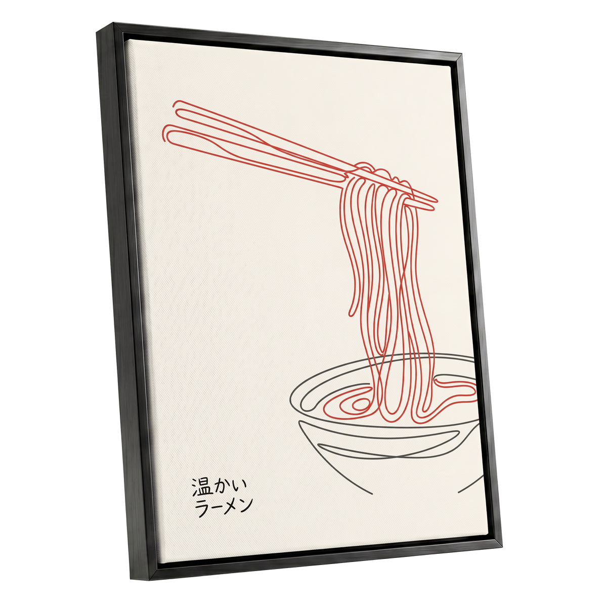 Ramen in a Red Line, beige, red, black minimalist wall art shown as a black framed canvas wall art