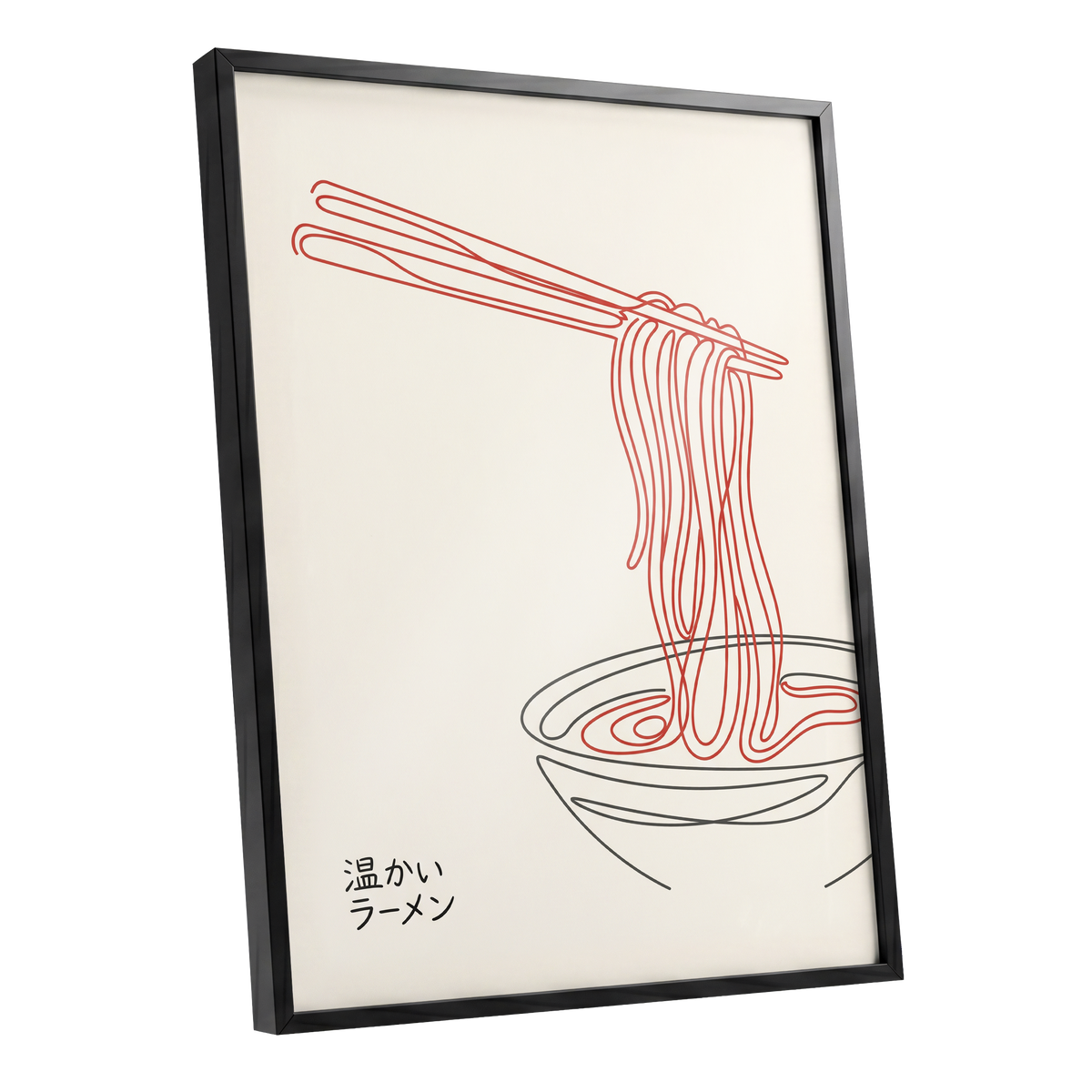 Ramen in a Red Line, beige, red, black minimalist wall art shown as a black framed poster wall art print