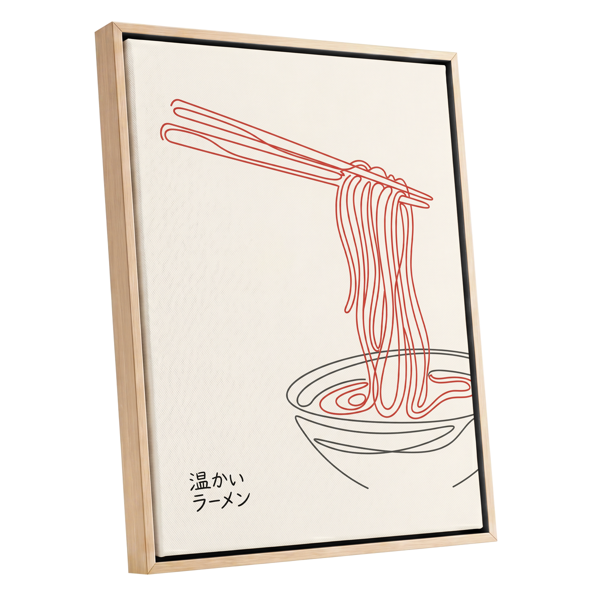 Ramen in a Red Line, beige, red, black minimalist wall art shown as a oak framed canvas wall art