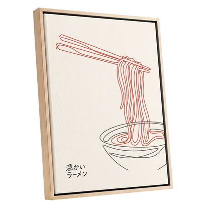 Ramen in a Red Line, beige, red, black minimalist wall art shown as a oak framed canvas wall art