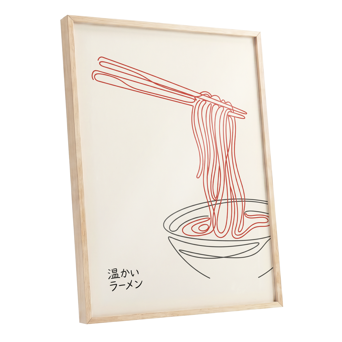 Ramen in a Red Line, beige, red, black minimalist wall art shown as a oak framed poster wall art print