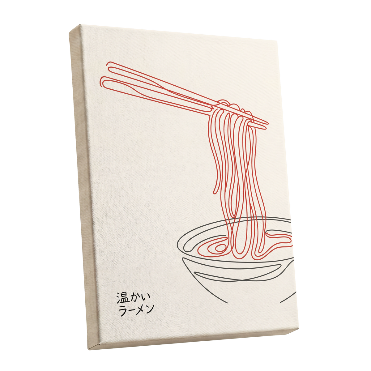 Ramen in a Red Line, beige, red, black minimalist wall art shown as a stretched canvas wall art