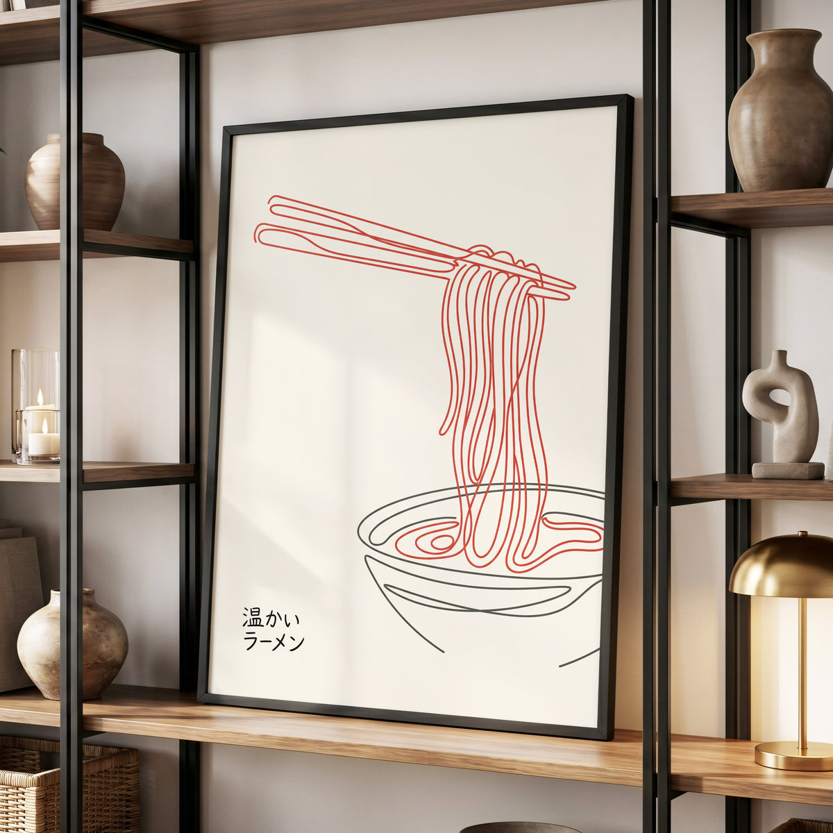 Ramen in a Red Line, beige, red, black minimalist wall art displayed in a styled interior, gallery view 2