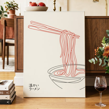 Ramen in a Red Line, beige, red, black minimalist wall art displayed in a styled interior, gallery view 3