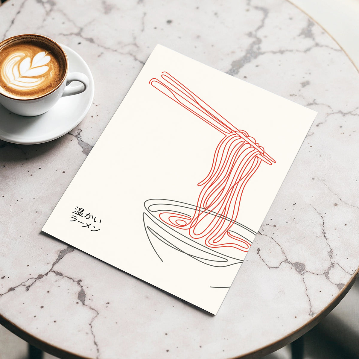Ramen in a Red Line, beige, red, black minimalist wall art displayed in a styled interior, gallery view 5