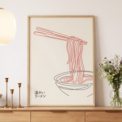 Ramen in a Red Line, beige, red, black minimalist wall art displayed in a styled interior, gallery view 6