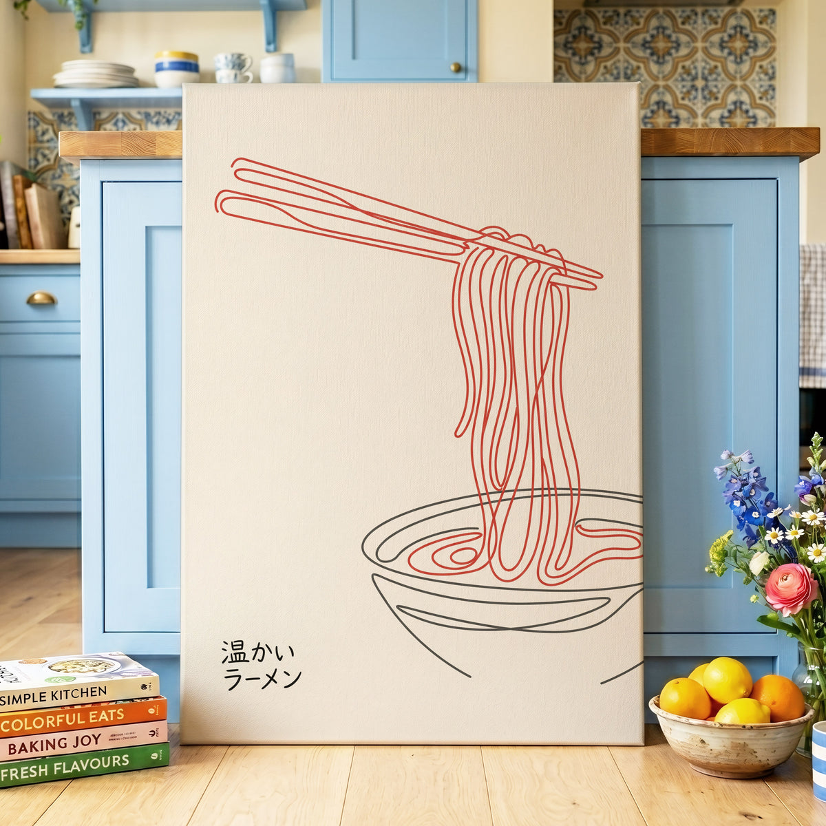 Ramen in a Red Line, beige, red, black minimalist wall art displayed in a styled interior, gallery view 7