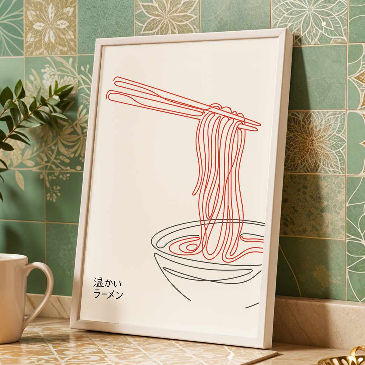 Ramen in a Red Line, beige, red, black minimalist wall art displayed in a styled interior, gallery view 9