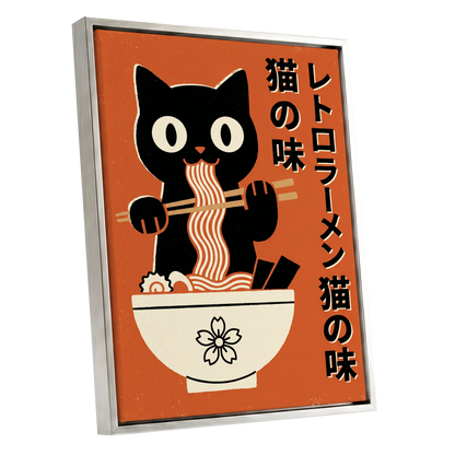 Ramen Rascal, orange, black, beige minimalist wall art shown as a silver framed canvas wall art