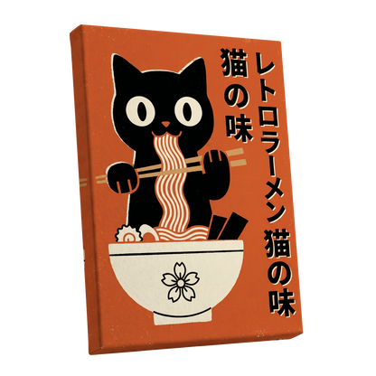 Ramen Rascal, orange, black, beige minimalist wall art shown as a stretched canvas wall art