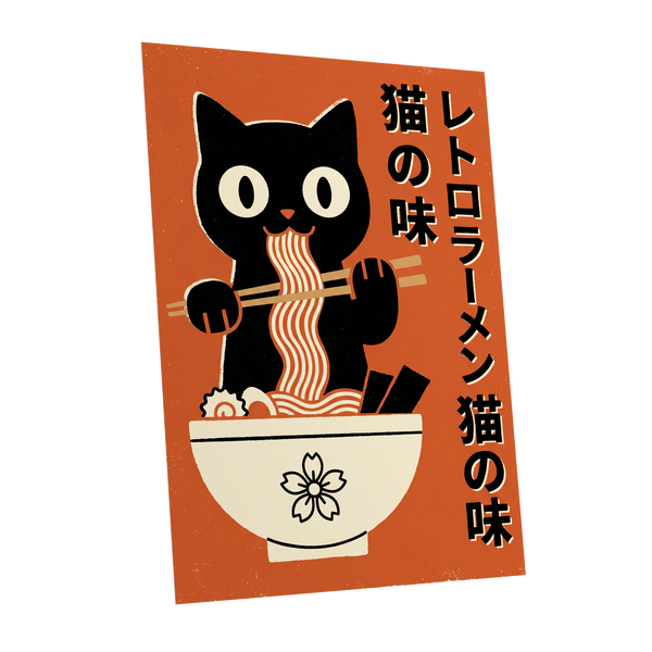 Ramen Rascal, orange, black, beige minimalist wall art shown as a unframed poster wall art print