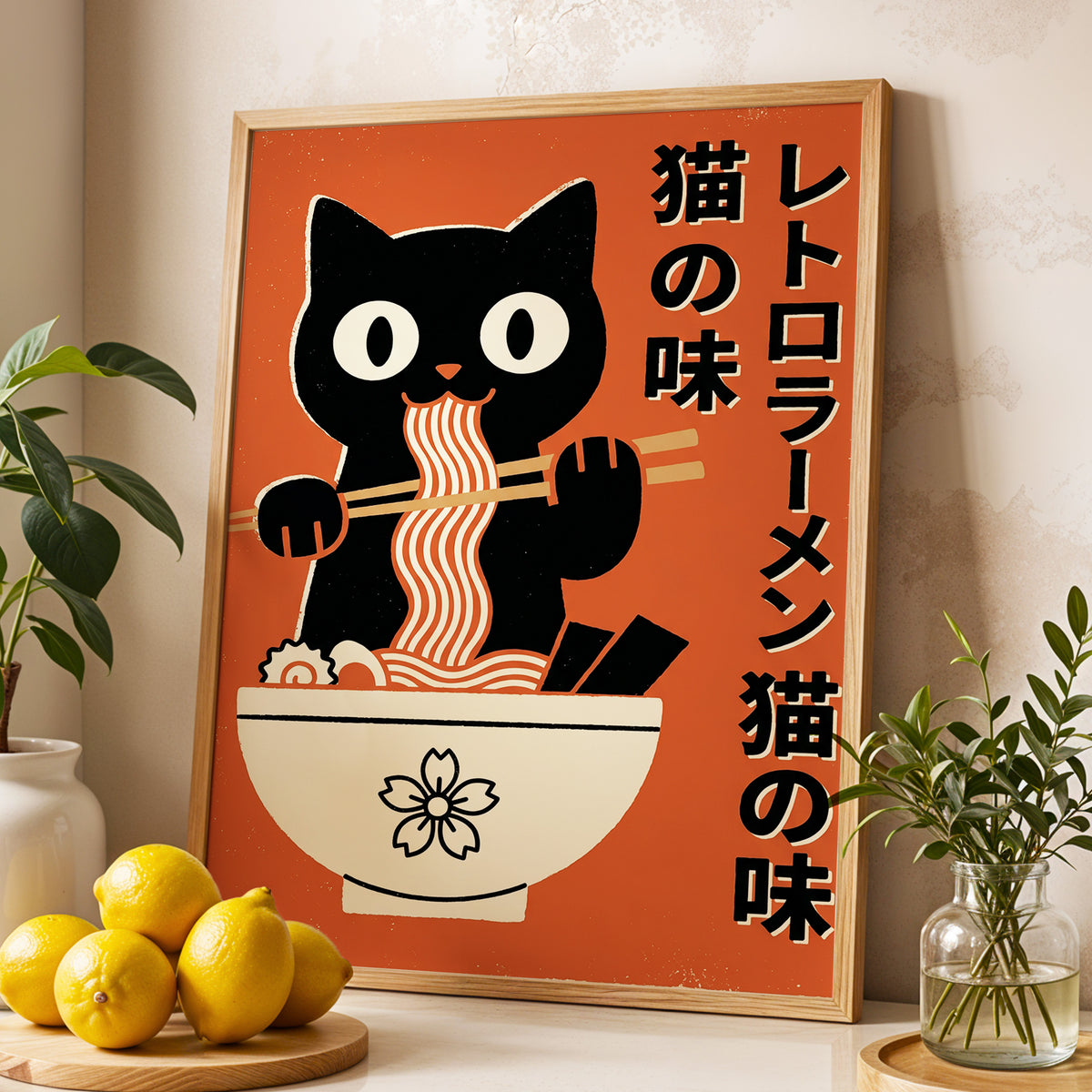 Ramen Rascal, orange, black, beige minimalist wall art displayed in a styled interior, gallery view 2