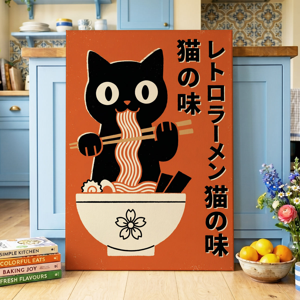Ramen Rascal, orange, black, beige minimalist wall art displayed in a styled interior, gallery view 7