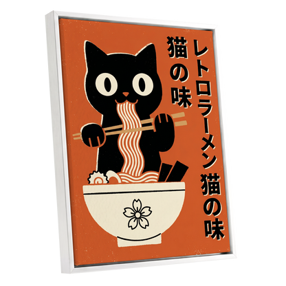 Ramen Rascal, orange, black, beige minimalist wall art shown as a white framed canvas wall art