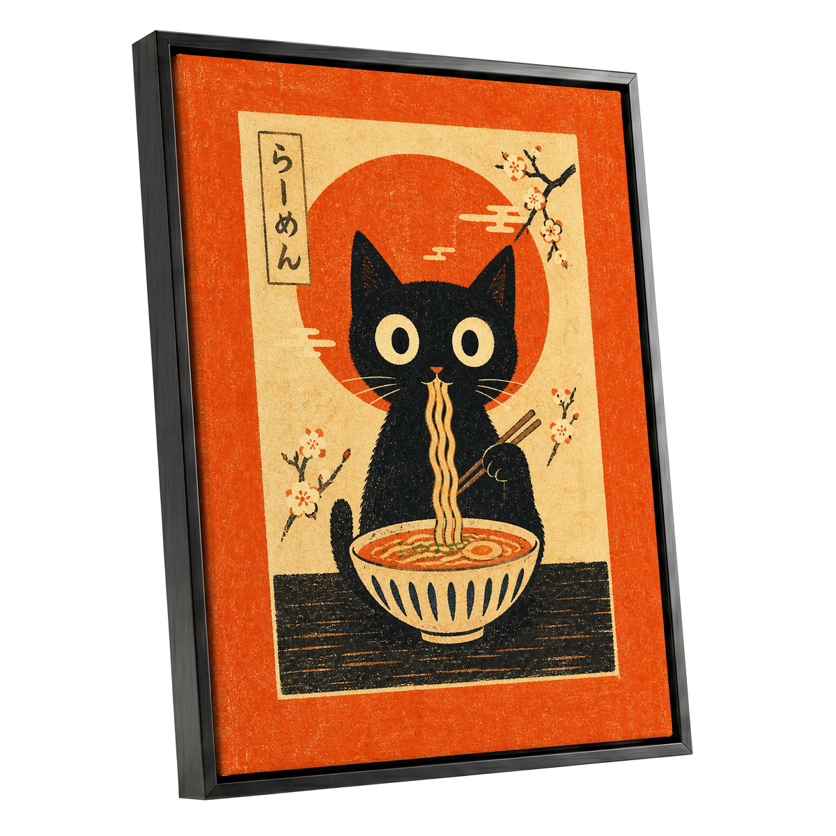 Ramen Whiskers, orange, beige, black minimalist wall art shown as a black framed canvas wall art