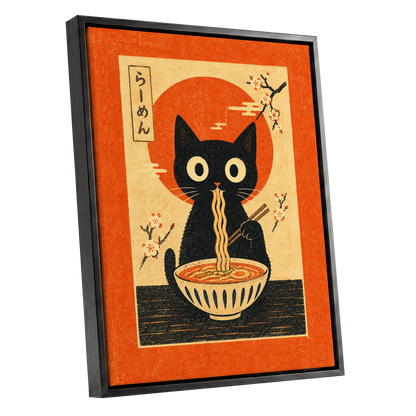 Ramen Whiskers, orange, beige, black minimalist wall art shown as a black framed canvas wall art