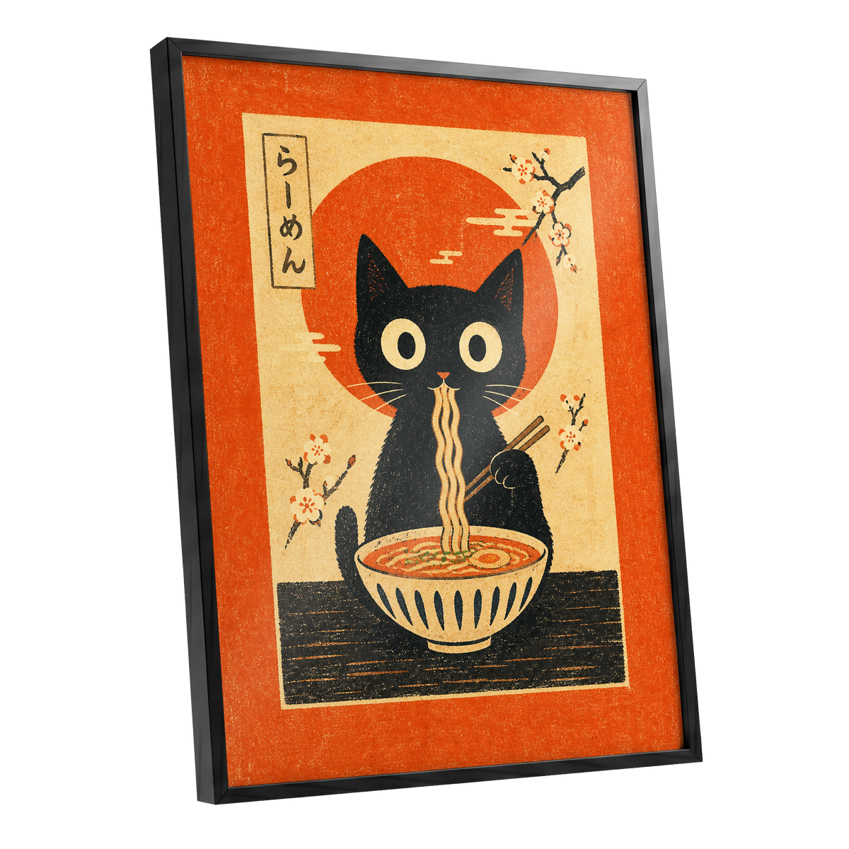 Ramen Whiskers, orange, beige, black minimalist wall art shown as a black framed poster wall art print