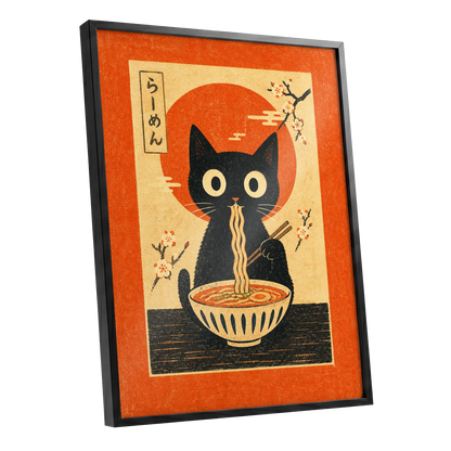 Ramen Whiskers, orange, beige, black minimalist wall art shown as a black framed poster wall art print