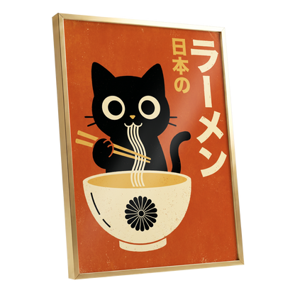 Ramen Whiskers, orange, black, beige minimalist wall art shown as a gold framed poster wall art print