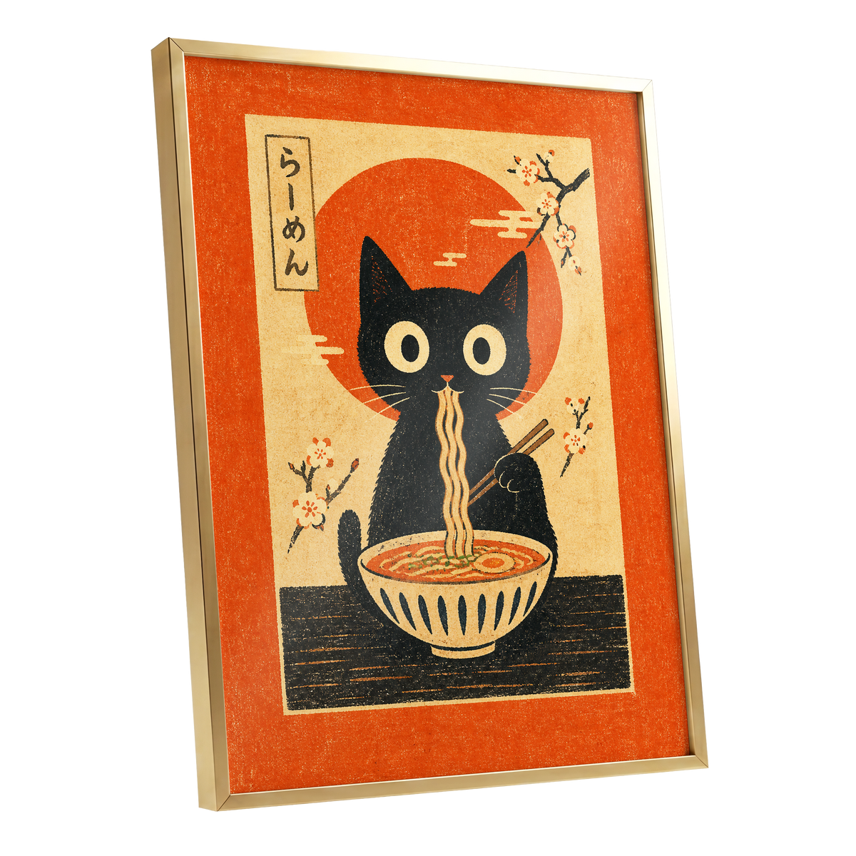 Ramen Whiskers, orange, beige, black minimalist wall art shown as a gold framed poster wall art print