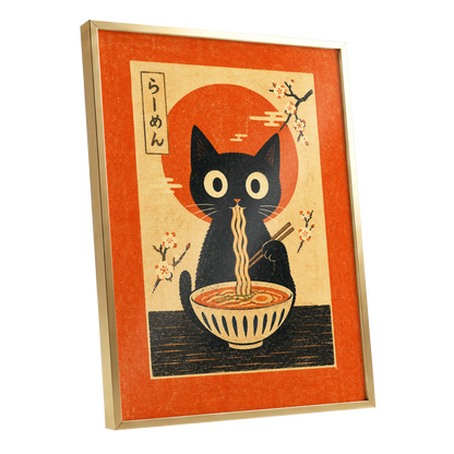 Ramen Whiskers, orange, beige, black minimalist wall art shown as a gold framed poster wall art print