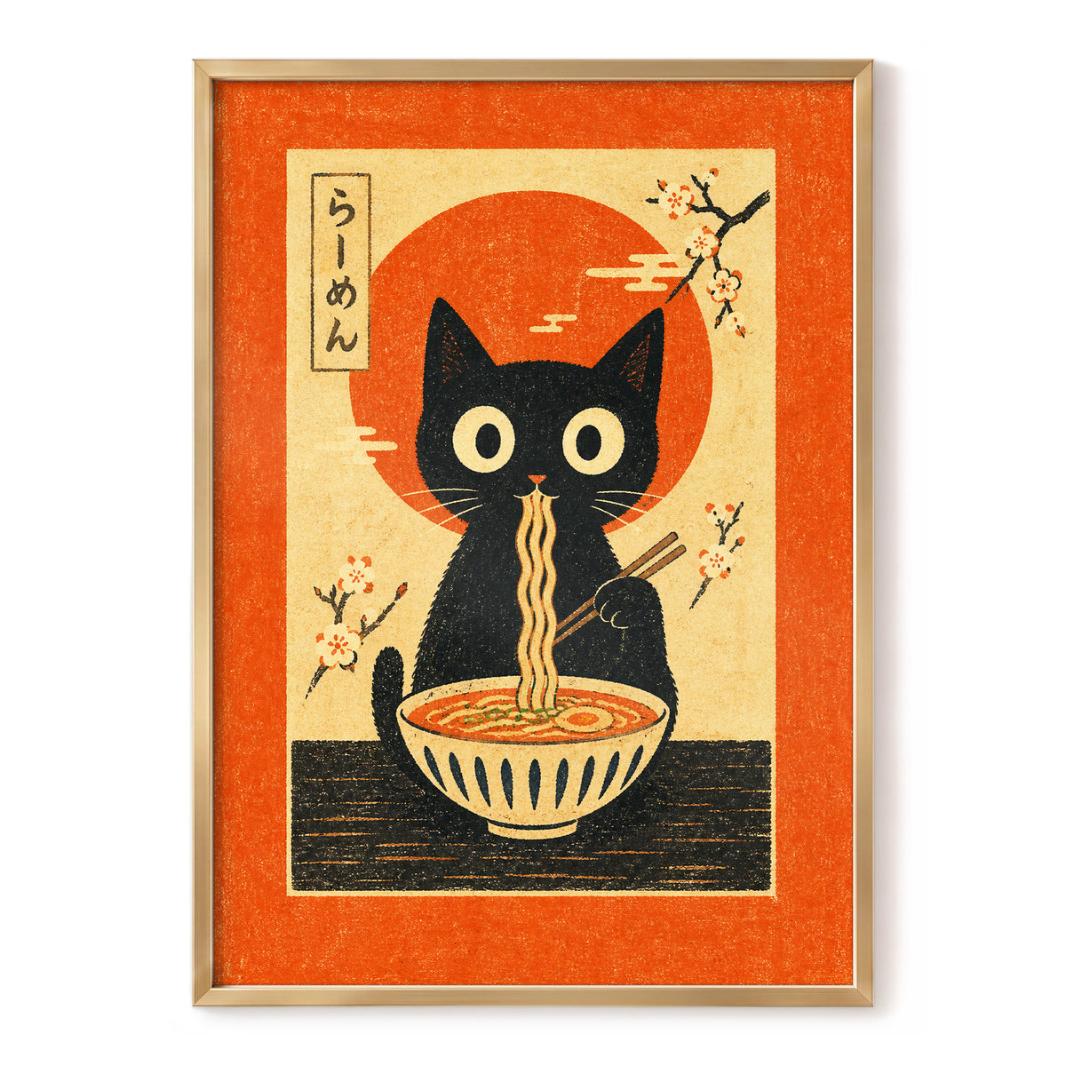 Ramen Whiskers, orange, beige, black minimalist wall art, front artwork view