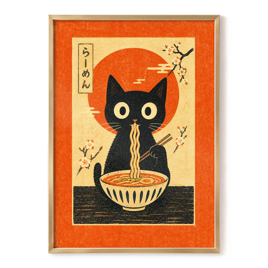 Ramen Whiskers, orange, beige, black minimalist wall art, front artwork view