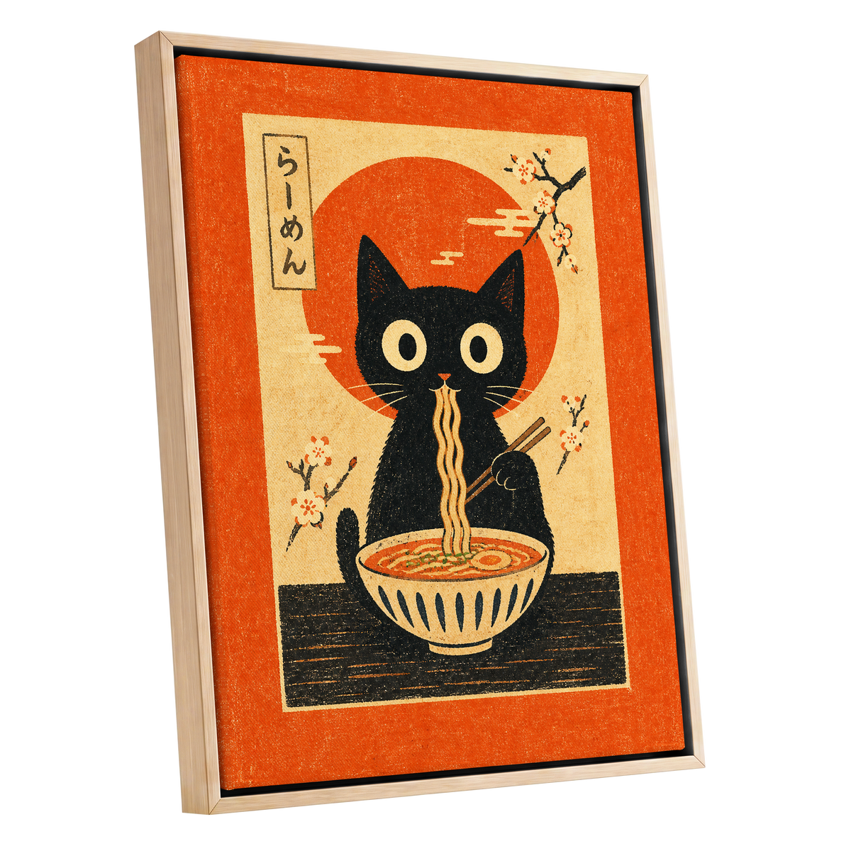 Ramen Whiskers, orange, beige, black minimalist wall art shown as a oak framed canvas wall art