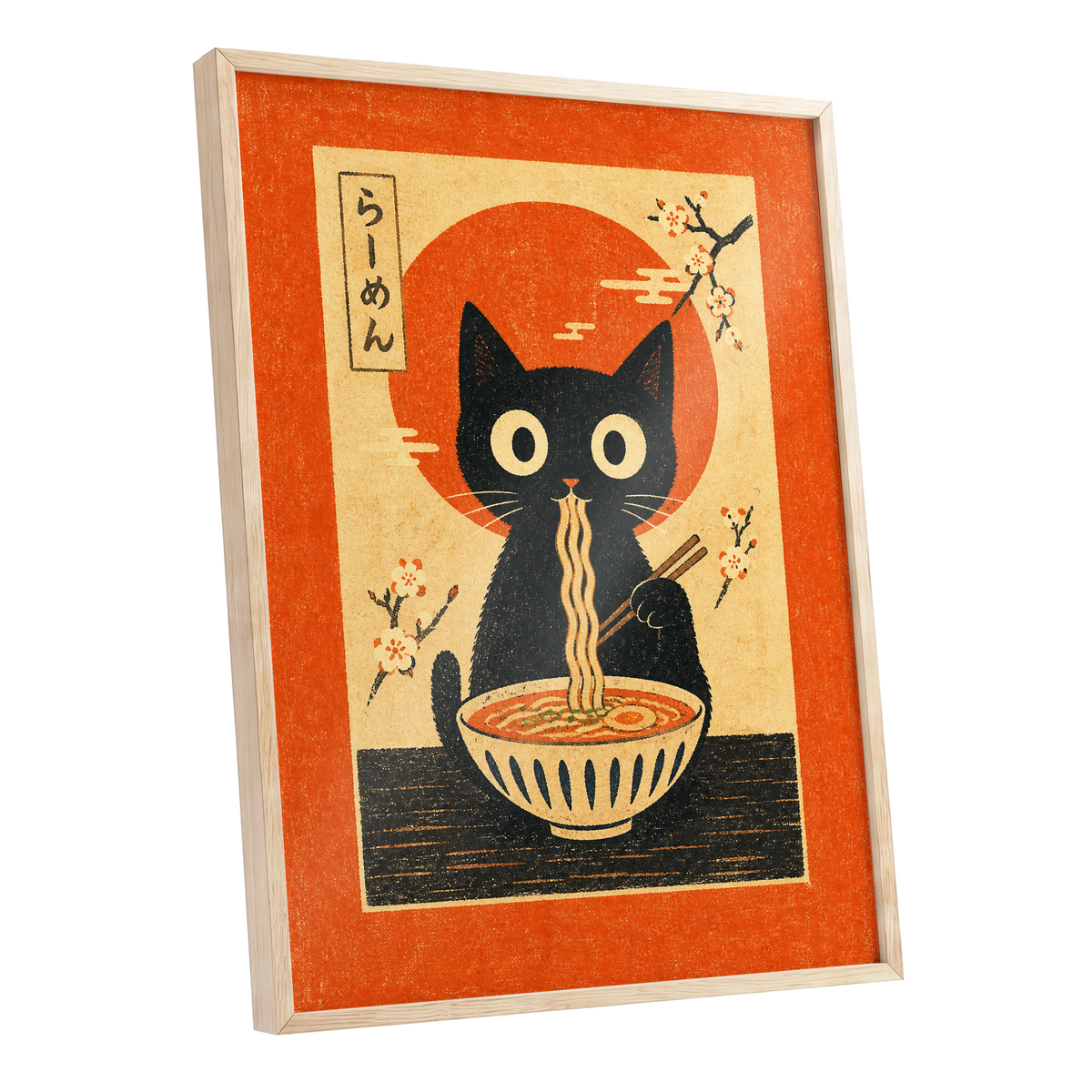 Ramen Whiskers, orange, beige, black minimalist wall art shown as a oak framed poster wall art print