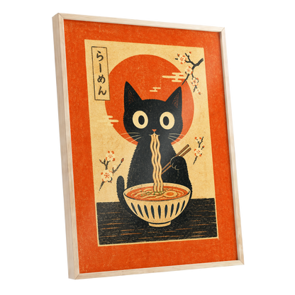 Ramen Whiskers, orange, beige, black minimalist wall art shown as a oak framed poster wall art print