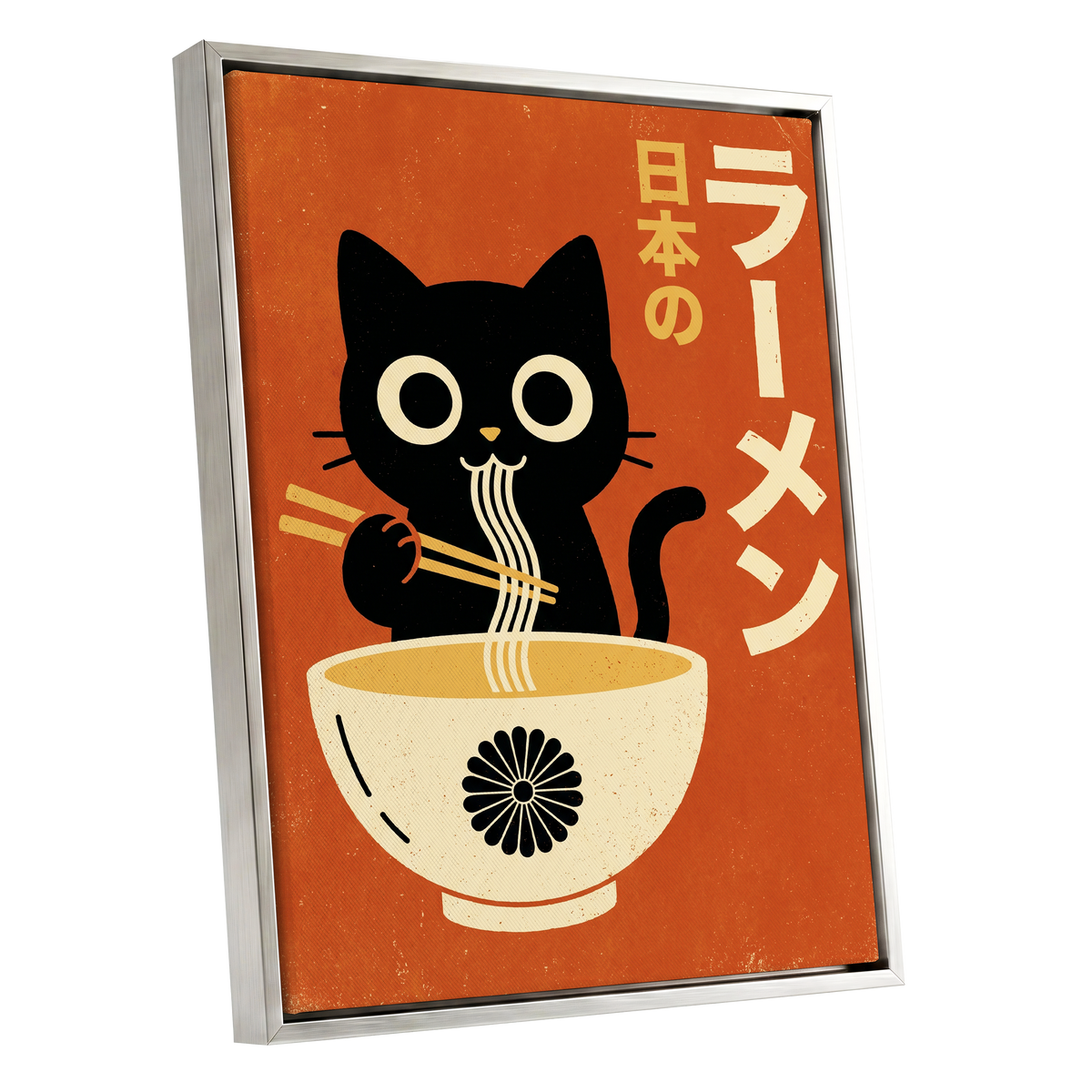 Ramen Whiskers, orange, black, beige minimalist wall art shown as a silver framed canvas wall art