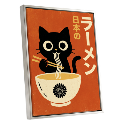 Ramen Whiskers, orange, black, beige minimalist wall art shown as a silver framed canvas wall art