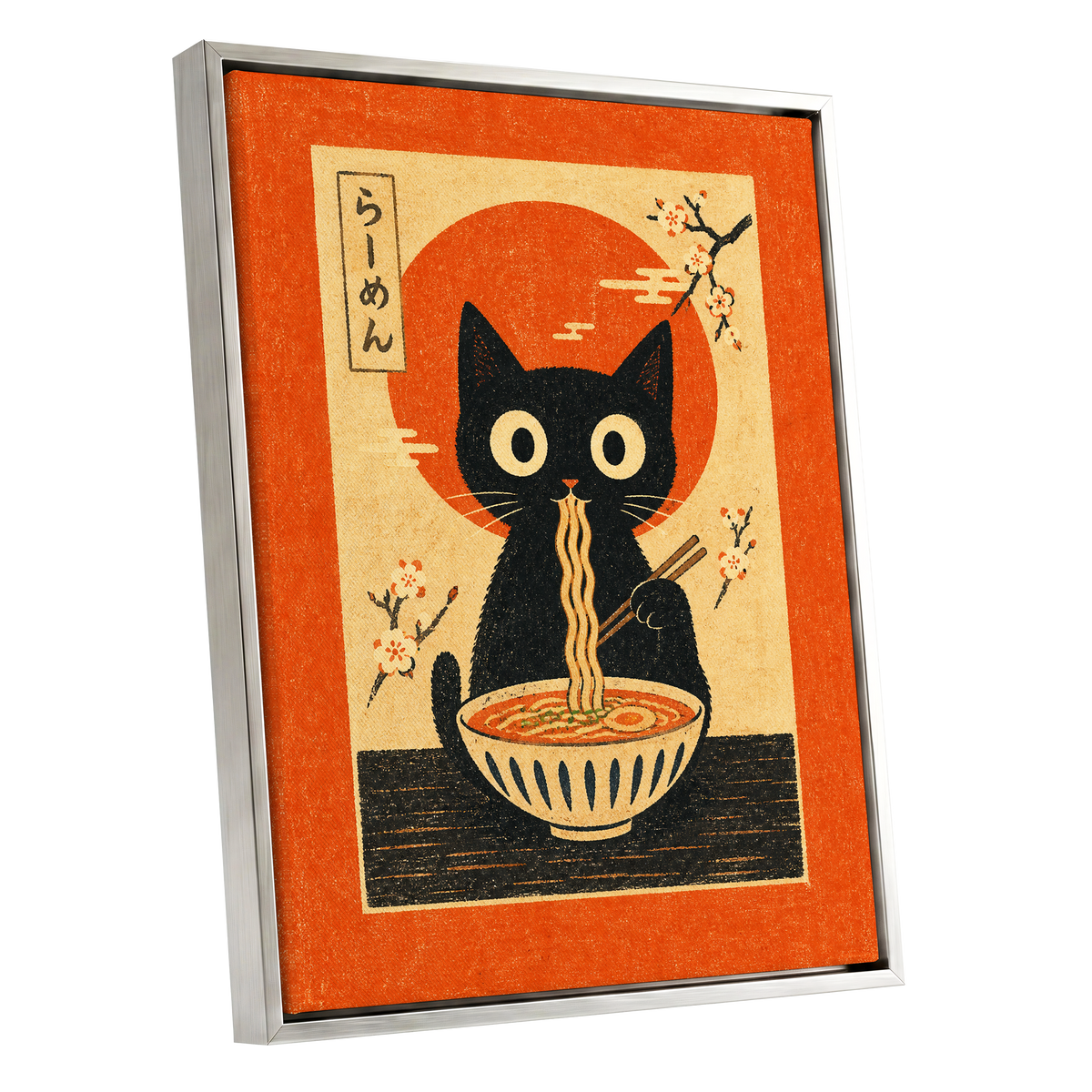 Ramen Whiskers, orange, beige, black minimalist wall art shown as a silver framed canvas wall art