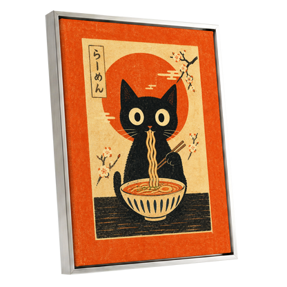Ramen Whiskers, orange, beige, black minimalist wall art shown as a silver framed canvas wall art