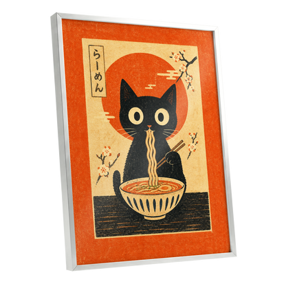 Ramen Whiskers, orange, beige, black minimalist wall art shown as a silver framed poster wall art print
